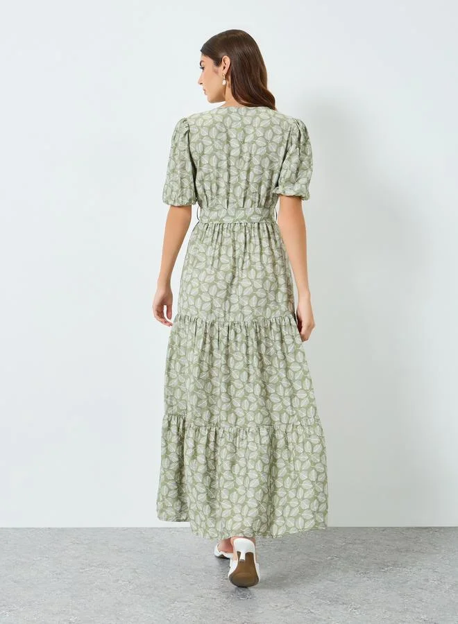 Styli Women Green Leaf Print Wrap Maxi Dress